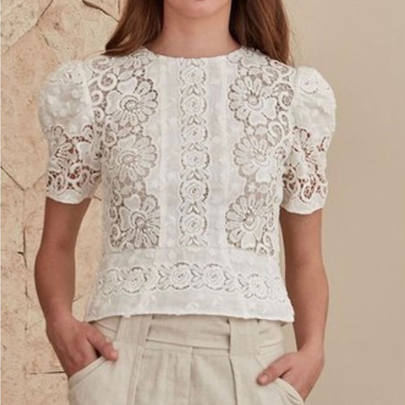 New Christy Lynn Lace Feminine Embroidered Puff Sleeve Tailored Peplum Blouse - Picture 14 of 14